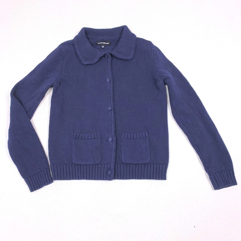 Lucky Brand Navy Blue Cotton Knit Cardigan Sweater Peter Pan Collar XS F00413